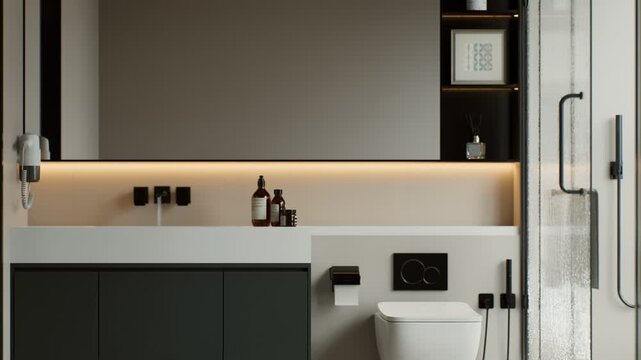 3d render of a modern bathroom vanity showcasing sleek design, ambient lighting, and elegant details. Perfect for commercial and residential interiors in 4k quality.