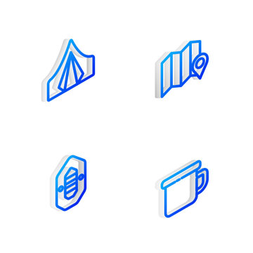 Set Isometric line Location of the forest on map, Tourist tent, Rafting boat and Camping metal mug icon. Vector