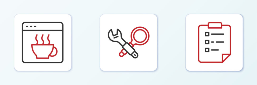 Set line Clipboard with checklist, Software and Debugging icon. Vector