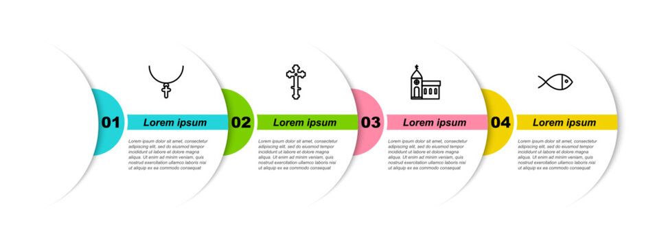 Set line Christian cross on chain, , Church building and fish. Business infographic template. Vector
