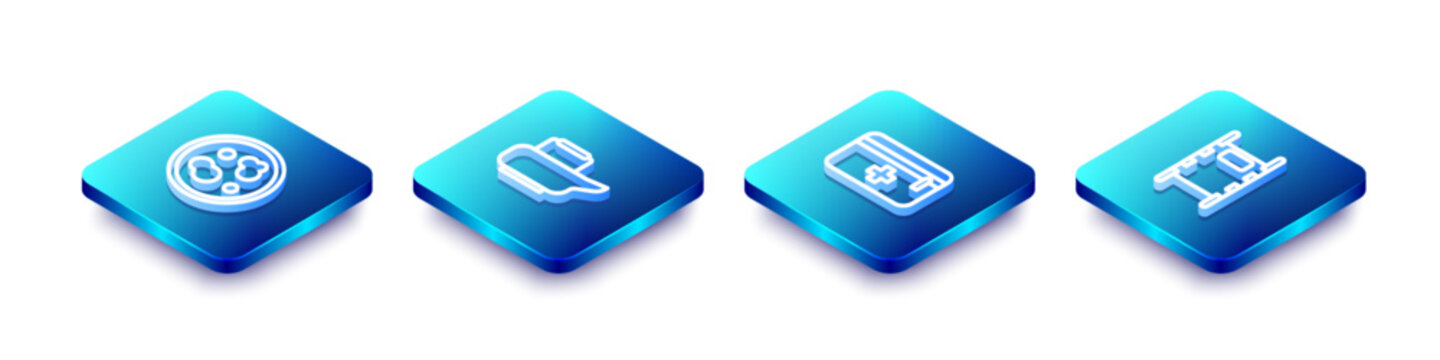 Set Isometric line Petri dish with bacteria, Bedpan, First aid kit and Stretcher icon. Vector