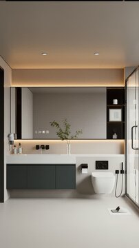 Modern minimalist bathroom featuring sleek floating vanity, wall-mounted toilet, and glass shower in beautiful 4K animation 3D render design.