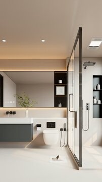3D render showcasing a modern minimalistic bathroom design with walk-in shower, sleek fixtures, natural light, and a clean, bright environment in 4k animation.