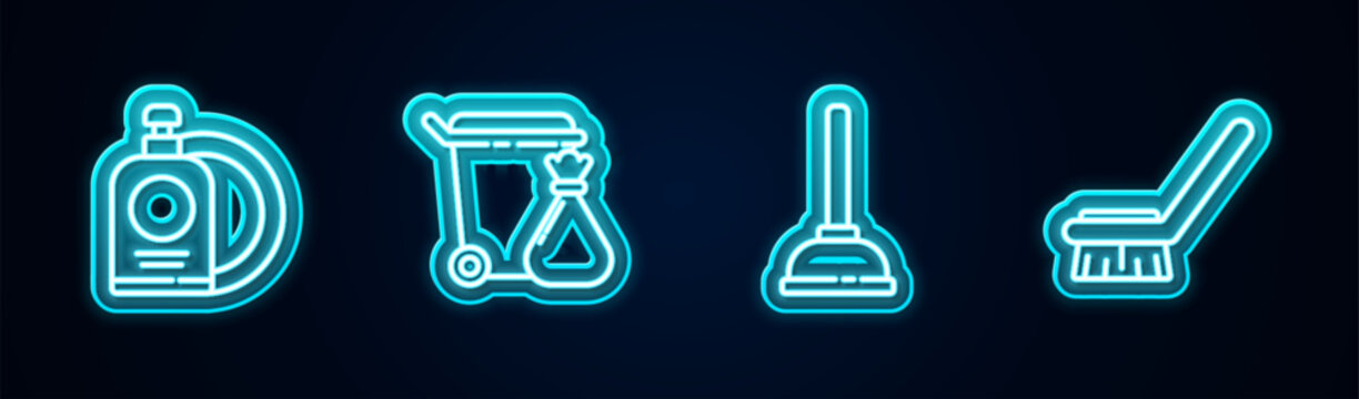 Set line Dishwashing liquid bottle and plate, Trash can garbage bag, Rubber plunger and Brush for cleaning. Glowing neon icon. Vector