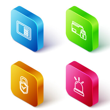 Set Isometric line Safe, Folder and lock, Lock check mark and Motion sensor icon. Vector