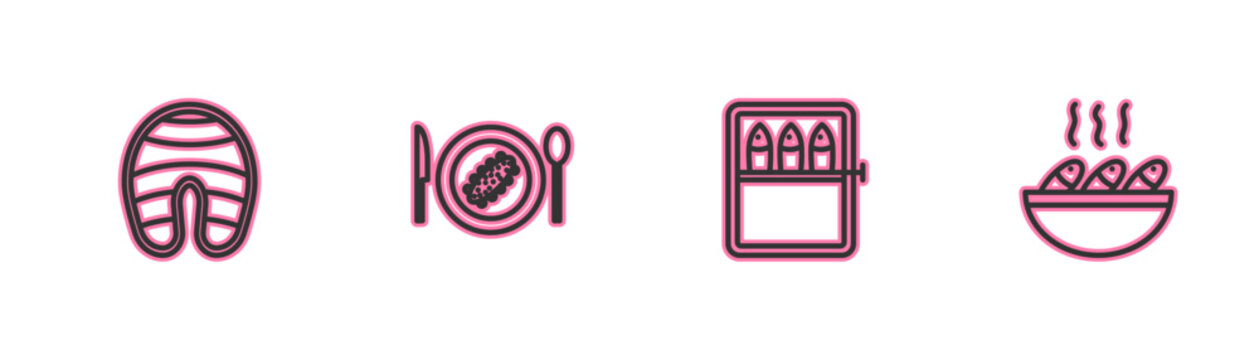 Set line Fish steak, Canned fish, Served cucumber on plate and soup icon. Vector