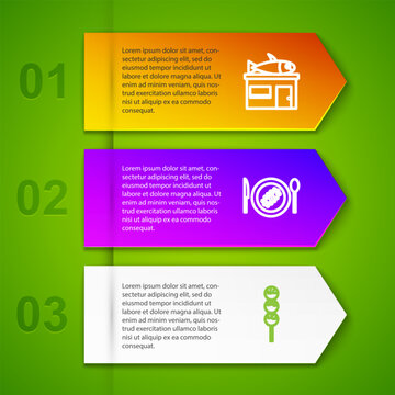 Set line Seafood store, Served cucumber on plate, Takoyaki stick and Fish with caviar. Business infographic template. Vector