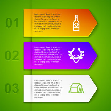 Set line Bottle of vodka, Deer antlers on shield, Tourist tent and Medieval spear. Business infographic template. Vector