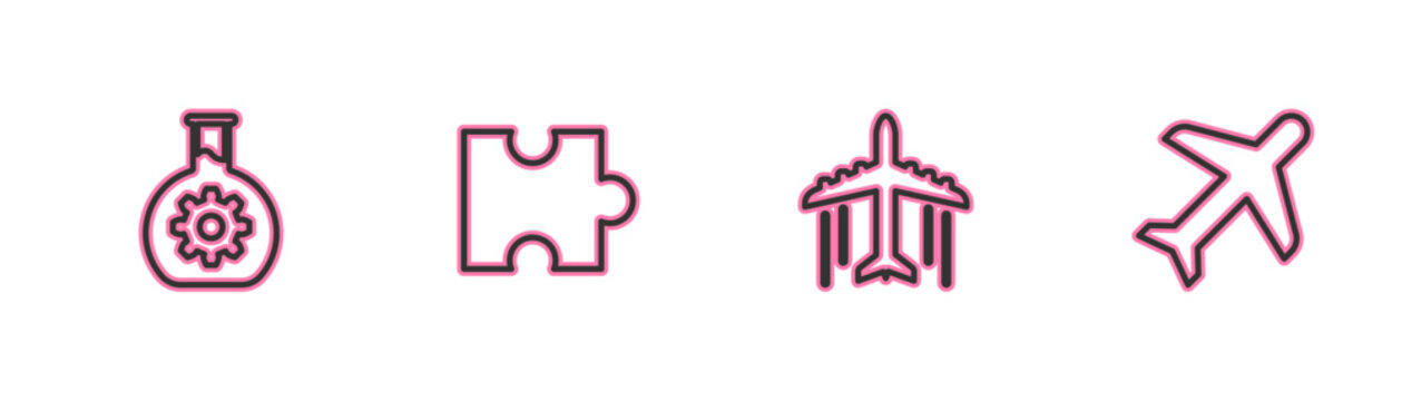 Set line Bioengineering, Plane, Piece of puzzle and icon. Vector