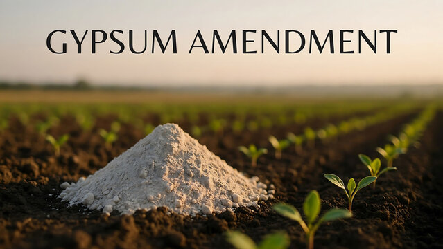 Gypsum amendment for soil improvement in agricultural field with young plants growing in rows  soil amendment for plant growth and soil health