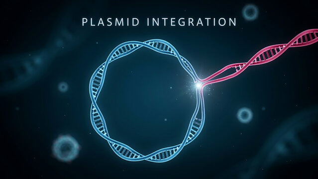 Plasmid integration process with DNA double helix strands merging into a circular chromosome  genetic engineering concept