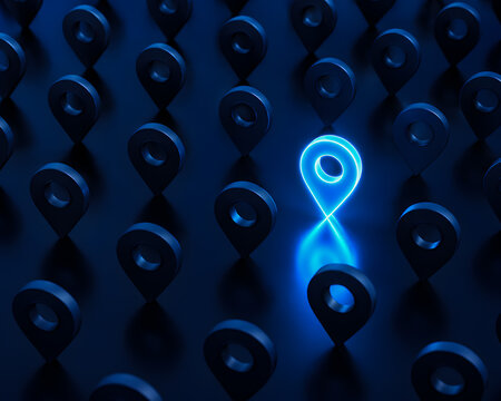 One glowing bright neon blue location pin stands out among many dark matte navy markers arranged in a grid pattern to represent unique individuality and leadership in digital navigation systems.