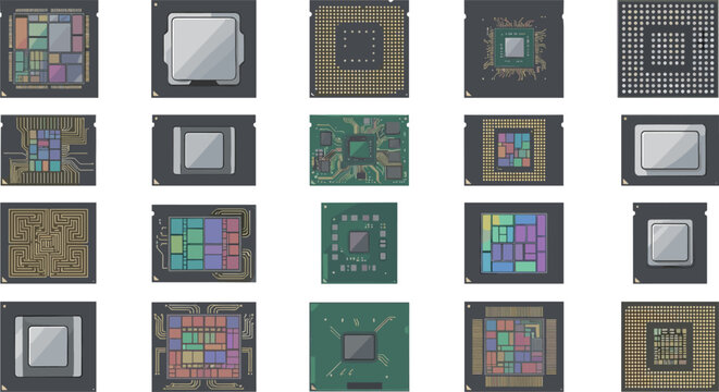 Microprocessor and Semiconductor Chip Collection with CPU Components Integrated Circuits and Computer Hardware Technology Illustrations