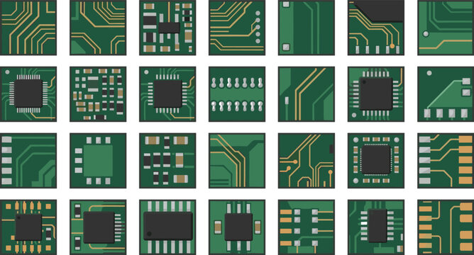 Printed Circuit Board and Microchip Components Collection with Electronic PCB Patterns and Computer Hardware Technology Illustrations