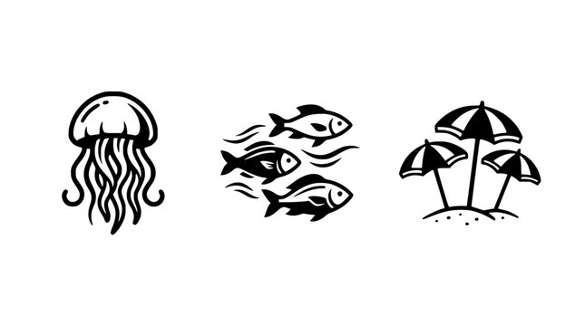Black and white vector illustration of beach scene with jellyfish and fish