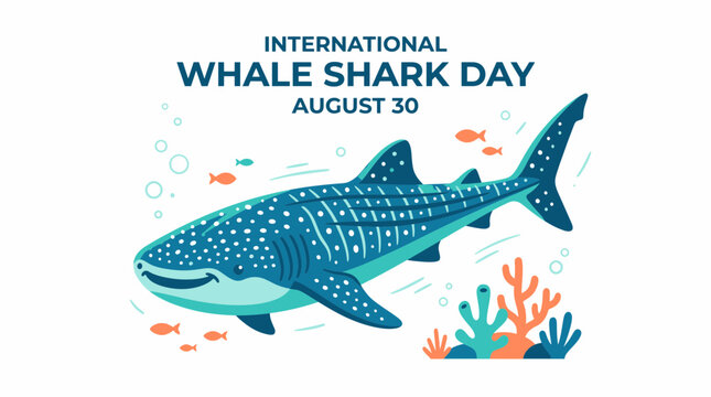 Illustration of a large whale shark swimming underwater with coral and small fish, celebrating International Whale Shark Day on August 30.