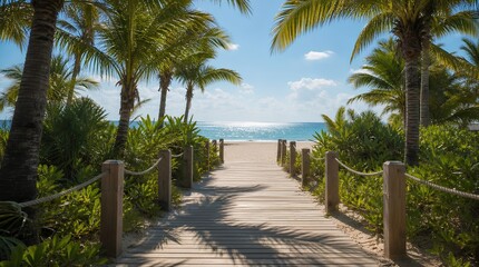 Fototapeta premium Palm-lined wooden boardwalk leads through tropical greenery to a bright sandy beach and sparkling sea, perfect for resort, vacation, and wellness marketing.