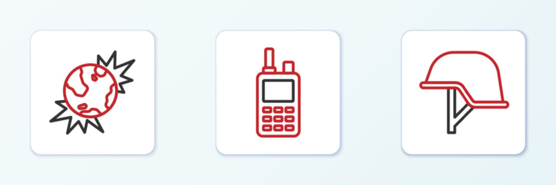 Set line Military helmet, Bomb explosive planet earth and Walkie talkie icon. Vector