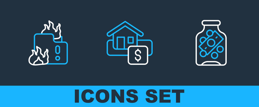 Set line Glass money jar with coin, Fire burning house and Hanging sign Sale icon. Vector