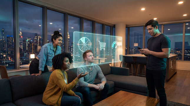 Friends comparing online shopping analytics on a digital dashboard at home