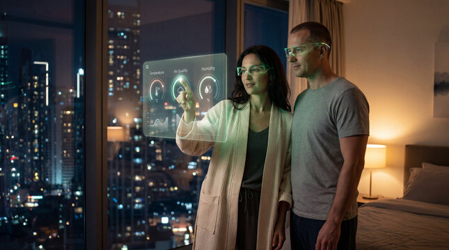 Couple monitoring indoor climate conditions on a smart home dashboard at night