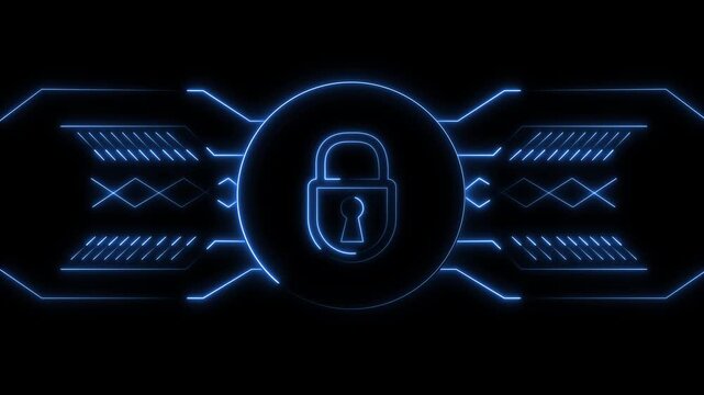 Cybersecurity protection shield icon runs electronic circuit tracks on network lines. Safe data storage software consoles display a cybersecurity protection shield icon.