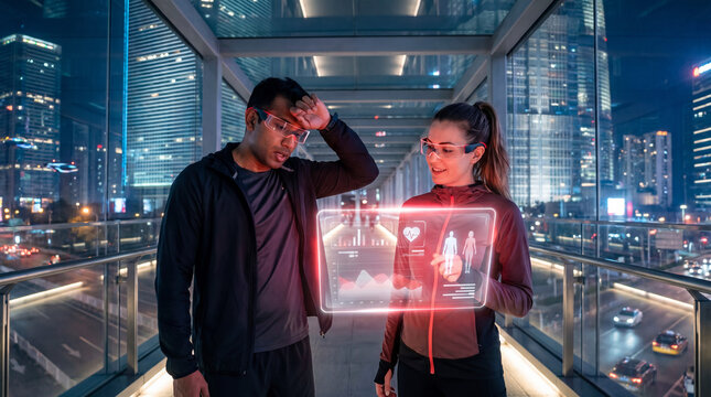 Fitness trainer reviewing biometric performance data with an athlete on an urban skybridge at night