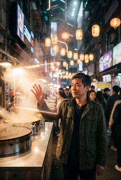 Man using a contactless payment interface at a busy night street food market