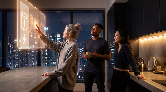 Friends managing a smart home dashboard in a modern apartment at night