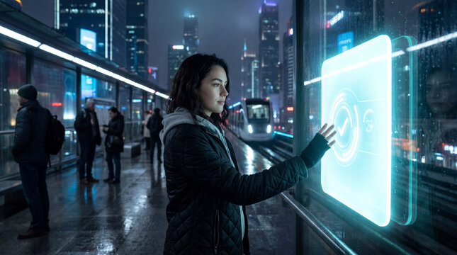 Young woman using a digital transit interface at an urban train station at night