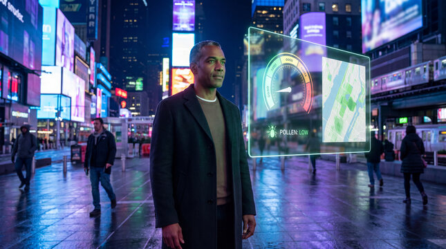 Man checking environmental conditions on a digital city dashboard at night