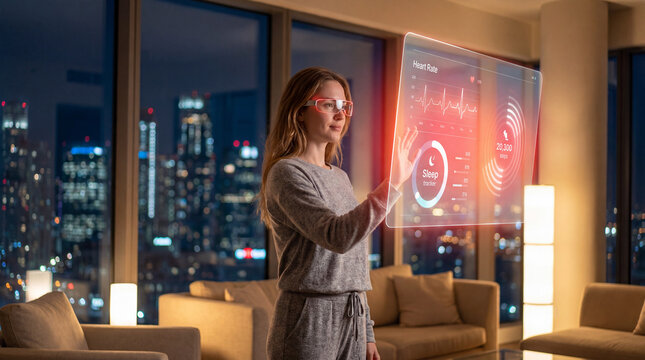 Woman reviewing personal health metrics on a digital wellness dashboard at home