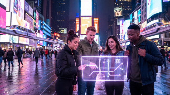 Friends exploring a holographic transit map in a vibrant city square at night