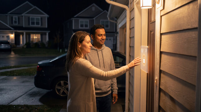 Couple controlling a smart home interface outside a modern house at night