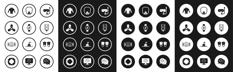 Set Diving mask and snorkel, Compass, Boat propeller, turbine, Wetsuit, Gauge scale, Rubber flippers and Photo camera icon. Vector © Oksana