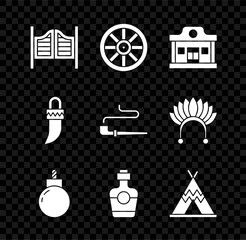 Set Saloon door, Old wooden wheel, Wild west saloon, Bomb ready to explode, Tequila bottle, Indian teepee wigwam, Tooth and Smoking pipe icon. Vector © Oksana