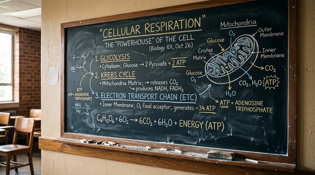 Detailed scientific diagram of cellular respiration drawn with colorful chalk on a dark chalkboard on transparent background