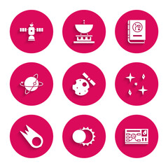 Set Satellites orbiting the planet Earth, Eclipse of sun, Futuristic hud interface, Falling stars, Comet falling down fast, Book by astronomy and icon. Vector © Oksana