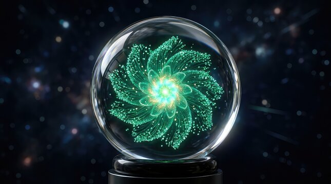 Transparent glass sphere protecting a vibrant emerald energy flower made of microscopic crystal particles