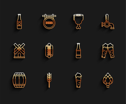 Set line Wooden barrel, Cereals set with rice, wheat, corn, oats, rye, barley, Beer bottle, Glass of beer, Hop, Hotdog sandwich mustard, and icon. Vector