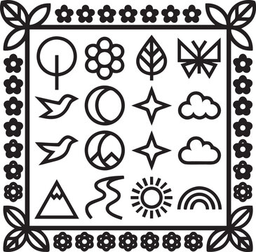 Natural elements linear icons set for quilt pattern embroidery design.