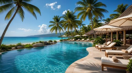 Fototapeta premium Luxury tropical beach resort with an infinity pool, palm trees, sun loungers, and turquoise ocean views, ideal for travel advertising and vacation promotions.