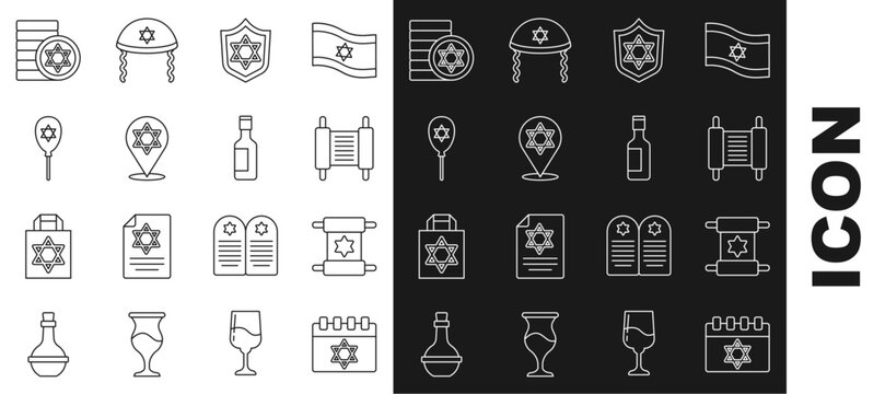 Set line Jewish calendar, Torah scroll, Shield with Star of David, Balloon star david, coin and wine bottle icon. Vector