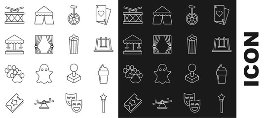 Set line Magic wand, Ice cream in waffle cone, Swing, Unicycle or wheel bicycle, Curtain, Attraction carousel, Drum with drum sticks and Popcorn cardboard box icon. Vector © Oksana