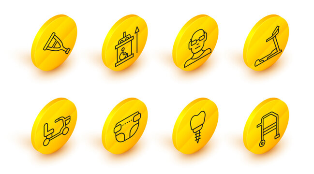 Set line Walker, Dental implant, Adult diaper, Electric wheelchair, Treadmill machine, Poor eyesight, Elevator for disabled and Crutch crutches icon. Vector
