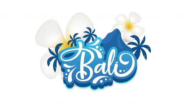 Blue Bali tropical island logo 2D animation. Indonesia travel. Palm trees with mountain silhouette and frangipani flowers animated cartoon flat concept 4K video isolated on transparent background