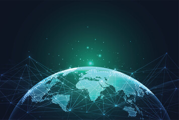 Obraz na płótnie Canvas Abstract global communication technology background. Futuristic digital world map with internet data network connections.