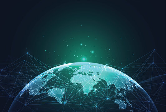 Abstract global communication technology background. Futuristic digital world map with internet data network connections.
