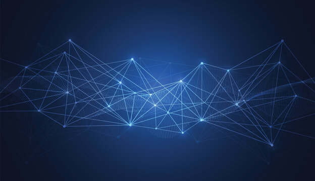 Futuristic big data wave and network communication concept on blue background