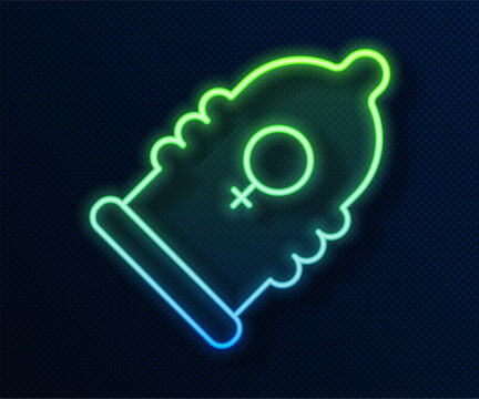 Glowing neon line Condom safe sex icon isolated on blue background. Safe love symbol. Contraceptive method for male. Vector